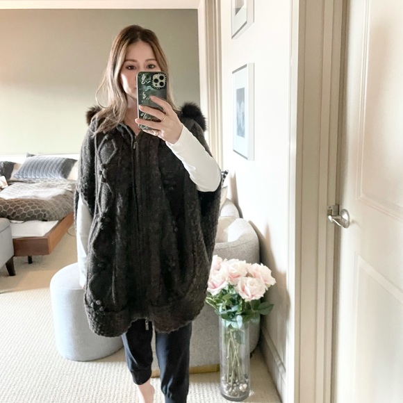 Matty M Brown Marble Zip Sweater with Fur Hood - Picture 1 of 8